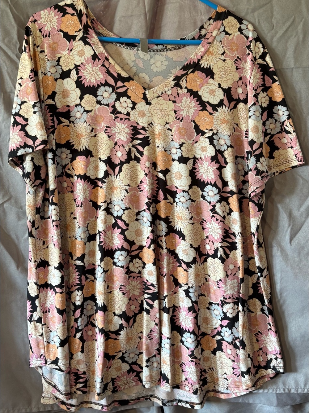 Floral V-Neck Tunic Top in Black with Pink & Cream Flowers
